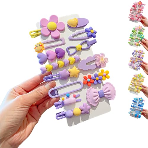 LaresDay Niedliche Haarspangen Set für Mädchen - 14 Stück mit Blumen, Früchten & Tieren - Rutschfeste Metallclips (Violett) von LaresDay