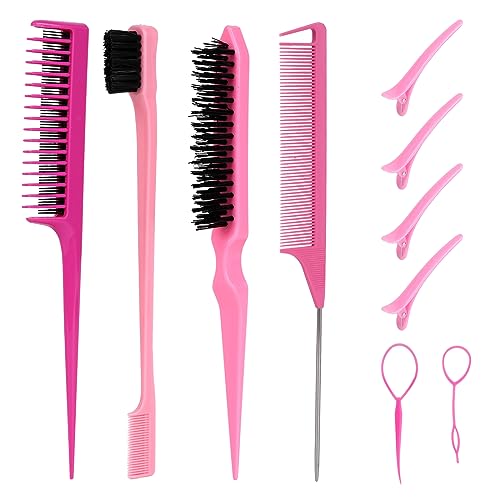 10 in 1 Haarbürste Kamm Set,Haarbürste Set,Slick Brush Set,Haar Styling Kamm Set,Slick Back Hair Brush Set für Friseur Frauen Baby Kinder (Rosa) von Larfraecy