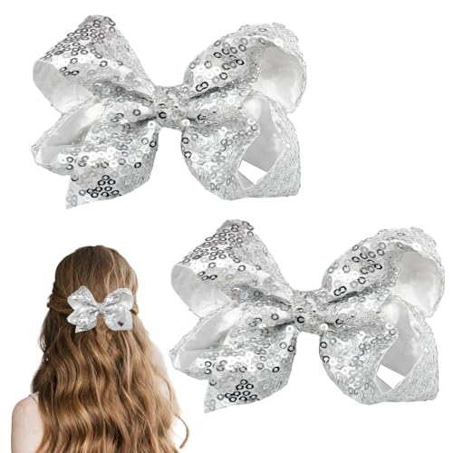 2 Stück Glitzer Haarschleifen Clips, 4Inch Große Haarspangen für Damen, Mädchen Pailletten-Haarschmuck Metall Schnapphaarspangen Haarspangen Mit Schleife für Schule, Hochzeit, Musikfestival (Silber) von Larfraecy