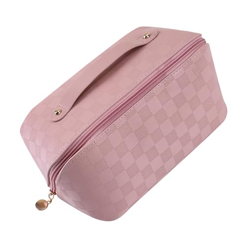 24 * 11 * 12 cm Reise Kosmetiktasche Tragbare Make Up Tasche, tragbare Leder wasserdichte Frauen Reise Make-up Tasche Organizer,mit Griff und Trennwand flach Legen Karierte Kosmetiktaschen (Rosa) von Larfraecy