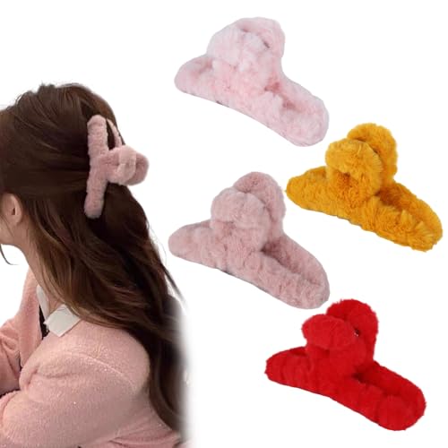 4Pcs Weicher Plüsch Haarklammern,Mittelgroß Elegant Haarspangen,Flauschig Haar-Styling-Zubehör,Niedliche Rutschfest Kunststoff Haarnadeln,Mädchen Frauen Damen Haarklaue (Pink,Red,Yellow,Purple) von Larfraecy