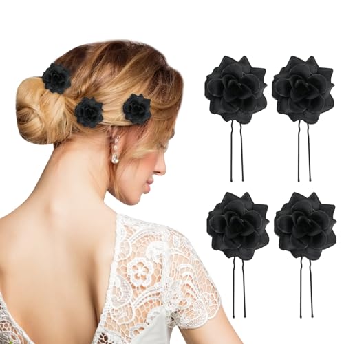 4 Stück Rose Haarspangen,U Form Rose Floral Bobby Pins, U-Form, Rosen-Haarnadeln, Vintage-Rosen-Haar-Accessoires,Blumen-Haarschmuck für Frauen Mädchen Hochzeit Brautjungfer Braut (Schwarz) von Larfraecy