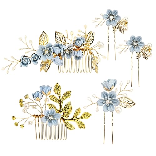 5 Stücke Haarschmuck Hochzeit Blumen Haarschmuck Boho Haarschmuck Brautschmuck Haare Haarschmuck Braut Blume Perle Kristall Blatt Kopfschmuck (blue) von Larfraecy