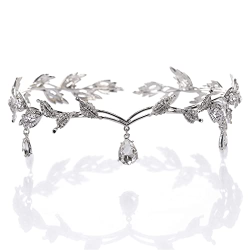 Blatt Hochzeit Tiara Krone Kristall Prinzessin Krone Stirnband Kristallblatt Hochzeit Diadem Göttin Elfen Silber Blätter Elfen Tiara Krone Hochzeit Kristall Kopfschmuck für Braut Brautjungfern Mädchen von Larfraecy