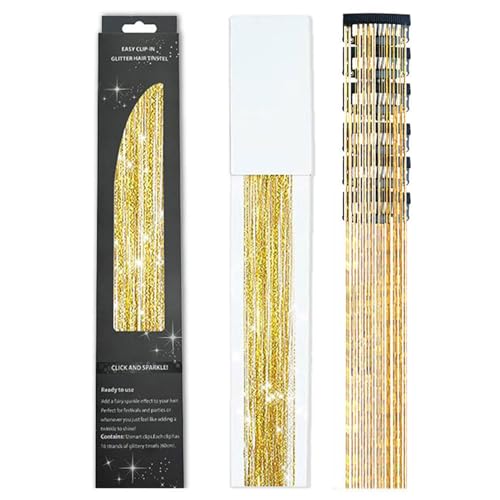 Haarverlängerungen Clip In für Mädchen 6PCS Nahtlose Laser lange gerade Haare Tinsel 23,6 Zoll /60CM Helle Haarverlängerung Glitter Clip Haarteil für Frauen (Gold) von Larfraecy