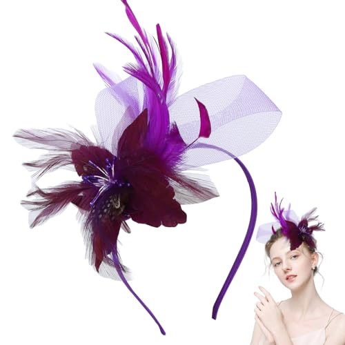 Larfraecy Prom Stirnband Retro Teeparty Fascinator Hut Hut Stirnband Faux Flowers Feather Mesh Hair Accessories Wedding Hochzeiten Partys für Mädchen und Frauen (Lila) von Larfraecy