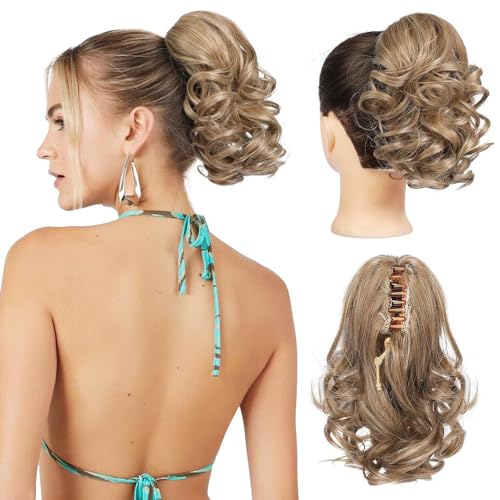 Lockige Wellige Clip in Pferdeschwanz 9Zoll Haar Chignon Clip in Haarteile zerzauste Chignon Voluminös Haarteil Unordentlicher Dutt Extensions,Pferdeschwanz für Frauen Mädchen (Dunkelblond) von Larfraecy