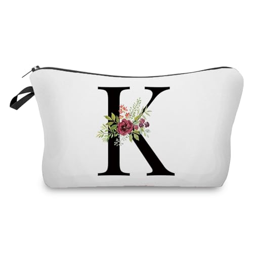 Personalisierte Kosmetiktasche,Tragbare Reise Make-up-Tasche,Gedruckte Lagerung Geschenk Tasche Alphabet Blumendruck Kosmetiktasche,Braut Brautjungfer Kosmetiktasche Geschenke für Mädchen (K) von Larfraecy