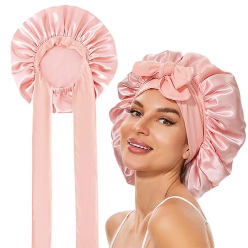 Satin Haarhaube Schlafmütze Silk Bonnet Seide Schlafhaube Sleep Cap Anti-Rutsch Verstellbare mit Elastischem Band für Die Nacht für Damen Mädchen Rosa von Larfraecy