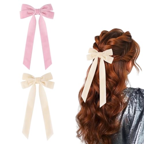 Schleife Haarspangen 2Stück Haarschleifen für Frauen,Einfarbige Schleife Haarspangen mit langer Schleife,Weiche Bowknot Haarnadeln Haarschmuck für Frauen Mädchen (Rosa+Beige) von Larfraecy