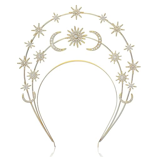 Strass-Haarband, Geburtstagskrone Mädchen, Stern-Stirnband Mond Stirnband, Legierungen Haarband Mit Dreifach Kopfschmuck, Party, Hochzeit, Haarreifen Für Frauen Und Mädchen (Gold) von Larfraecy