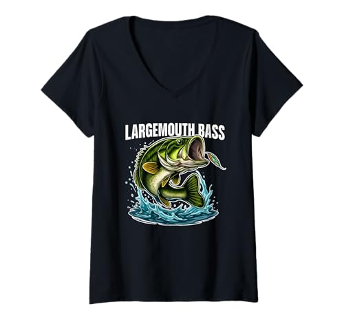 Damen Actionkunst zum Angeln auf Großmaulbarschen T-Shirt mit V-Ausschnitt von Largemouth Bass Collection