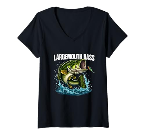 Damen Actionkunst zum Angeln auf Großmaulbarschen T-Shirt mit V-Ausschnitt von Largemouth Bass Collection