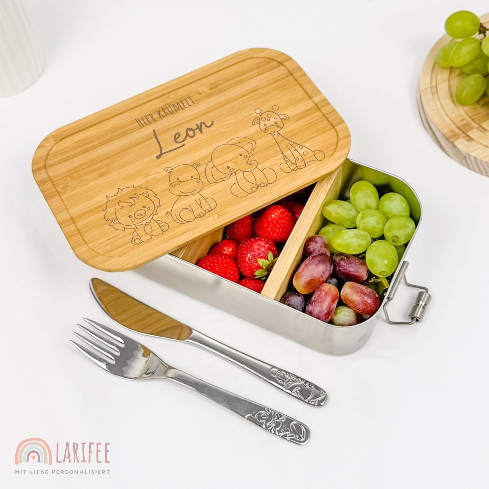 Brotdose Kinder Personalisiert Mit Motiv Safari-Tiere, Name, Edelstahl Kita & Schule, Lunchbox Lasergravur + Name Brotdose Kinder Personalisiert Mit Motiv Safari-Tiere, Name, Edelstahl Kita & Schule, Lunchbox Lasergravur + Name von Larifee