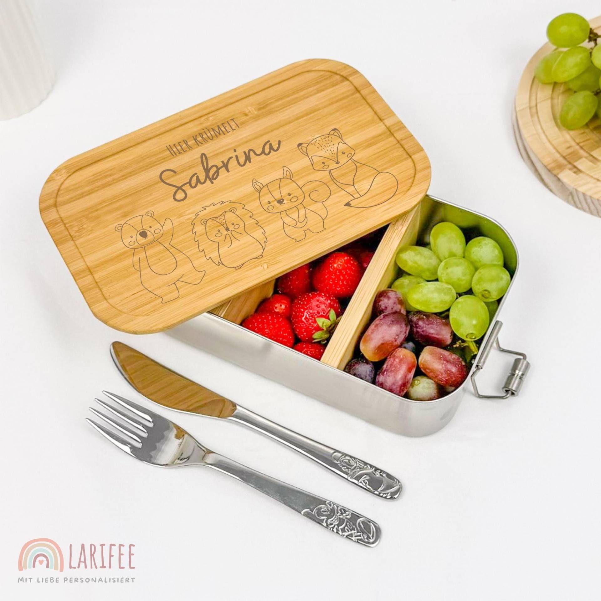 Brotdose Kinder Personalisiert Mit Motiv Waldtiere, Name, Edelstahl Kita & Schule, Lunchbox Lasergravur Und Name Brotdose Kinder Personalisiert Mit Motiv Waldtiere, Name, Edelstahl Kita & Schule, Lunchbox Lasergravur Und Name von Larifee
