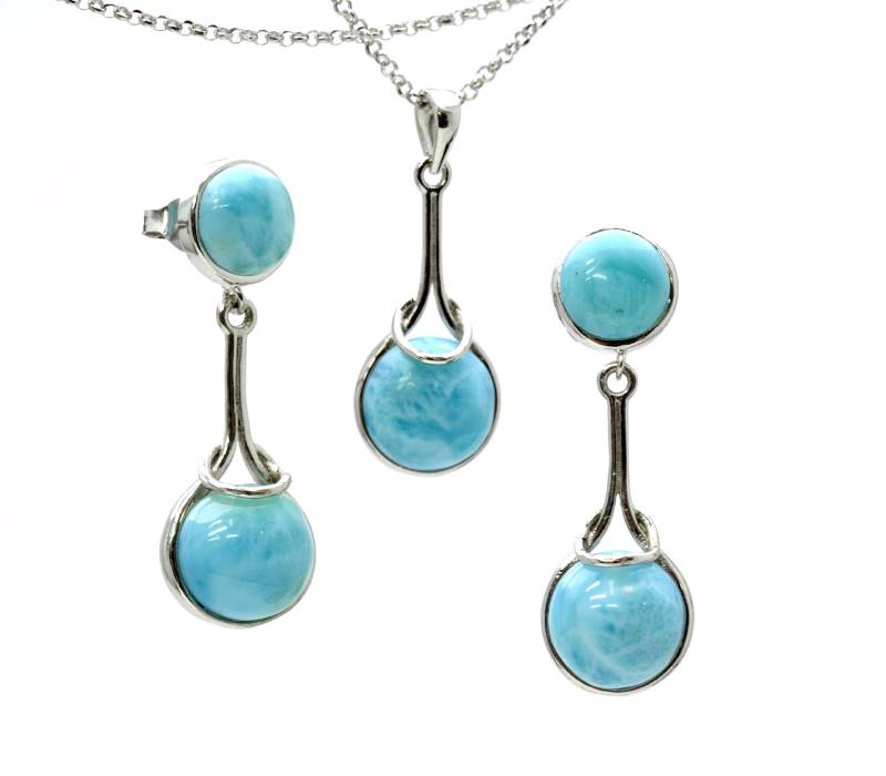 Larimar 10mm Und 8mm Ohrringe Anhänger Set .925 Sterling Silber Larimar 10mm Und 8mm Ohrringe Anhänger Set .925 Sterling Silber von Larimar925