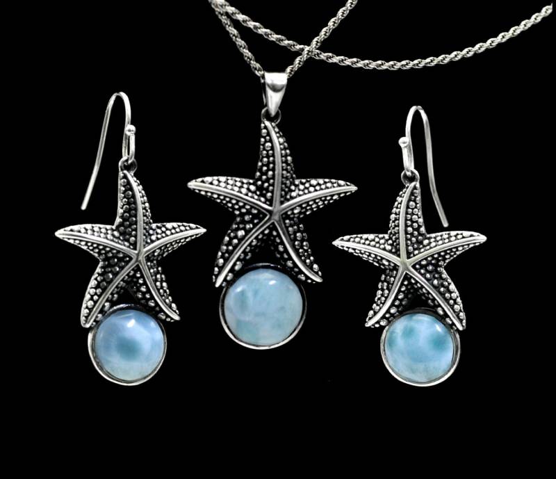 Larimar Seestern Halskette Ohrringe Set, Atemberaubende .925 Sterling Silber Larimar Seestern Halskette Ohrringe Set, Atemberaubende .925 Sterling Silber von Larimar925