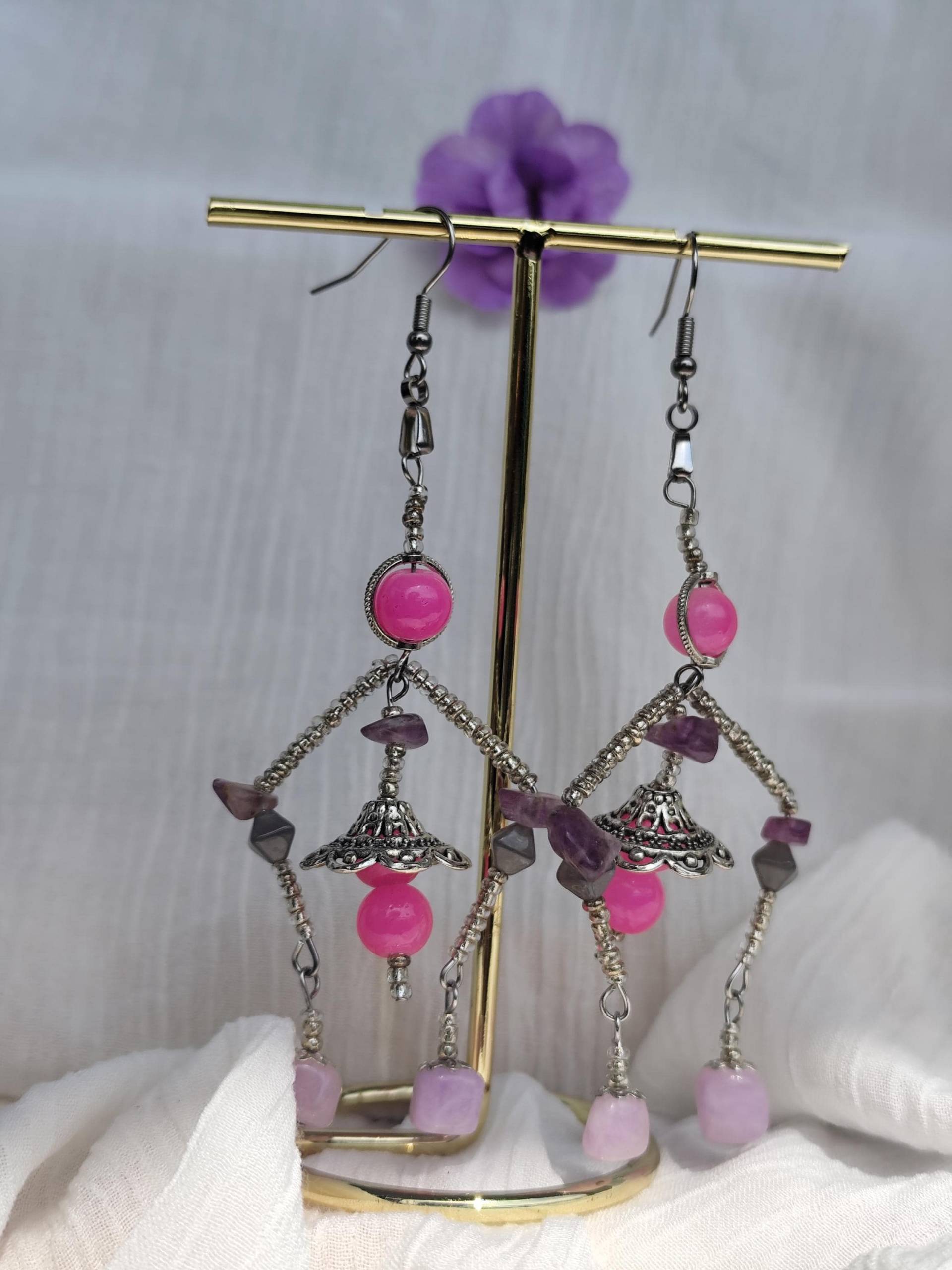 Amethyst Ohrringe Edelstahl - Boho Statement Schmuck Handgemachte Edelstein Pink Kristall Festival Geschen von Larkihandmade