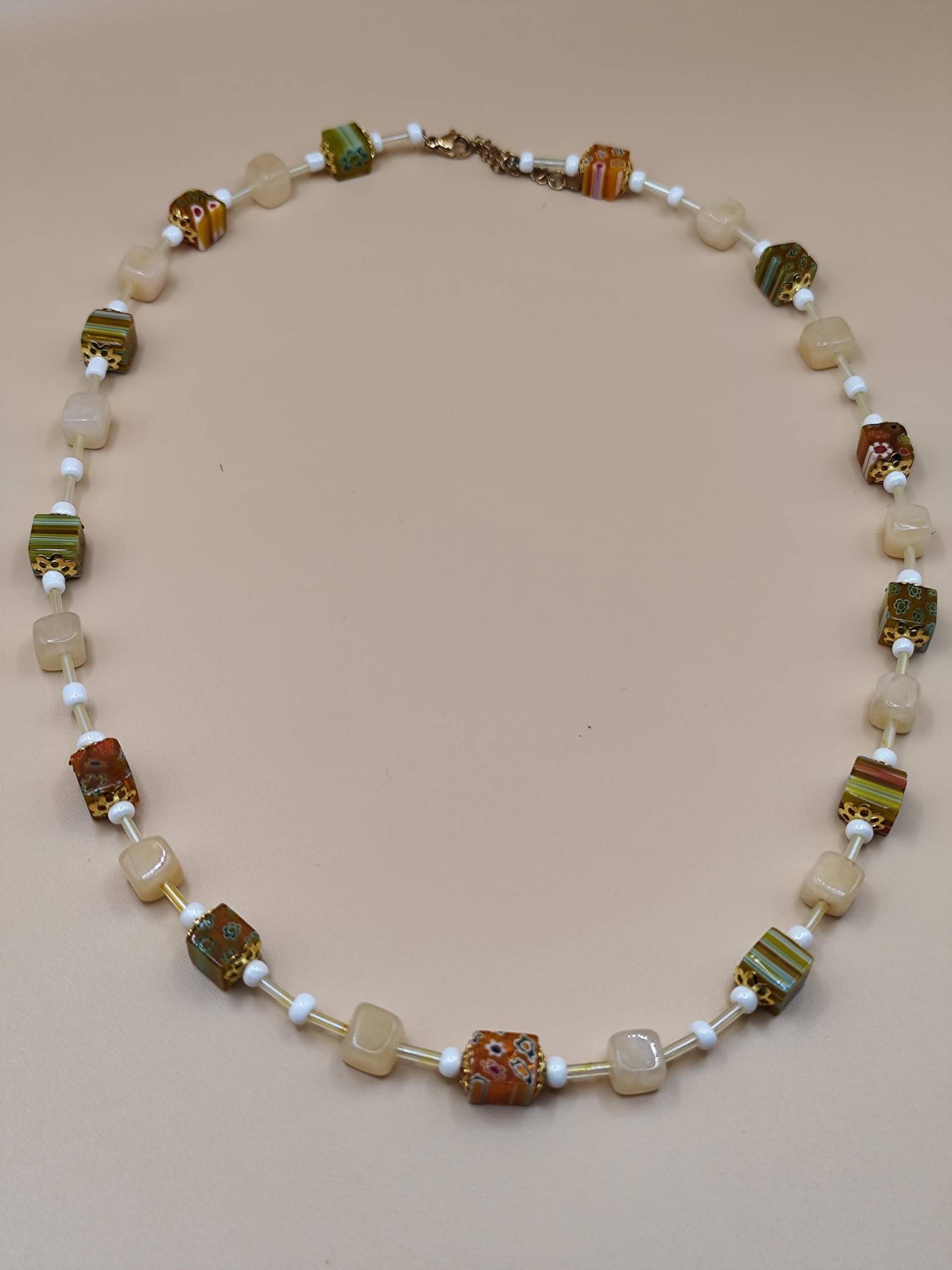 Einzelstück/ Handgemachte Halskette Mit Millefiori Glasperlen Und Edelstein| Blumen Glas Schmuck | Edelstahl Verschluss Citrin von Larkihandmade