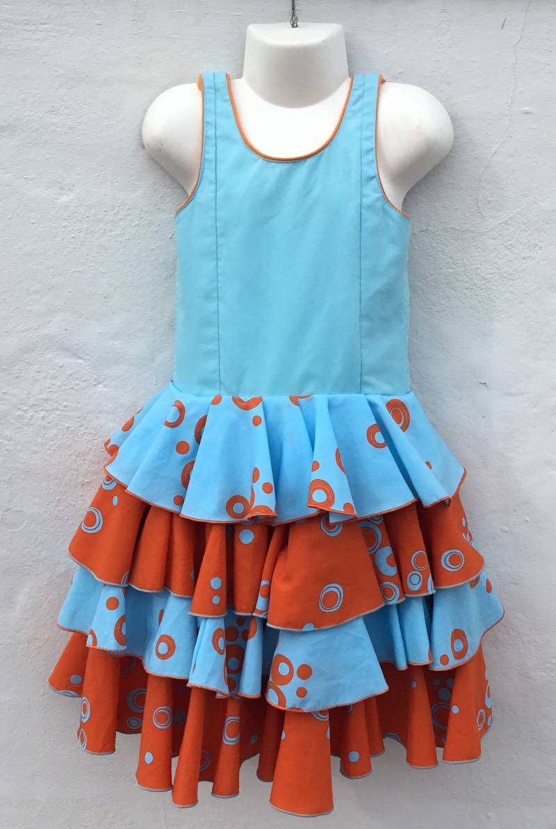 Vintage Flamenco Kleid Für Mädchen, Aqua Blau & Orange Tupfen, Fiesta Party Tanz von LarniesFlamencoShop
