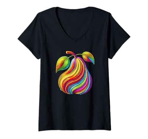 Damen Colorful Line Art Birne Frucht Birnen T-Shirt mit V-Ausschnitt von Laroli Aesthetic Art