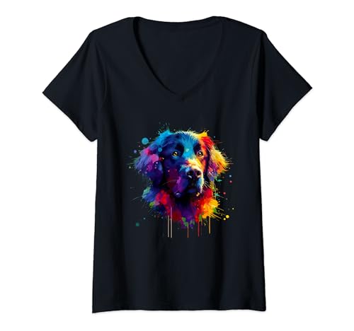 Damen Colorful Splash Art Flat-Coated Retriever Flatcoat T-Shirt mit V-Ausschnitt von Laroli Aesthetic Art
