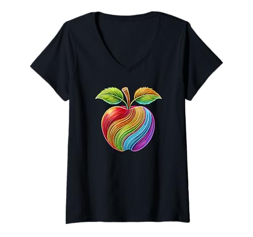 Damen Farbenfrohe Line Art Apfel Äpfel T-Shirt mit V-Ausschnitt Damen Farbenfrohe Line Art Apfel Äpfel T-Shirt mit V-Ausschnitt von Laroli Aesthetic Art