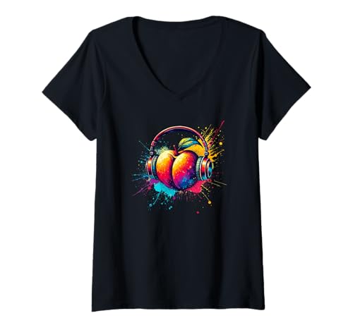 Damen Farbenfrohe Splash Art Kopfhörer Pfirsich Pfirsiche T-Shirt mit V-Ausschnitt von Laroli Aesthetic Art