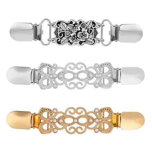Larrel 3 Stück Cardigan Clips, Zinklegierung Schal-Schnalle aus Vintage Pullover Clips Strickjacke Klipp Strass Design Damen Elegante Schalverschlüsse Kleiderclips Hemd Clip für Damen und Mädchen von Larrel
