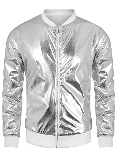 Lars Amadeus Glänzende Varsity-Jacke für Herren, leicht, metallisch, mit Reißverschluss, Silber, Weiß, S von Lars Amadeus