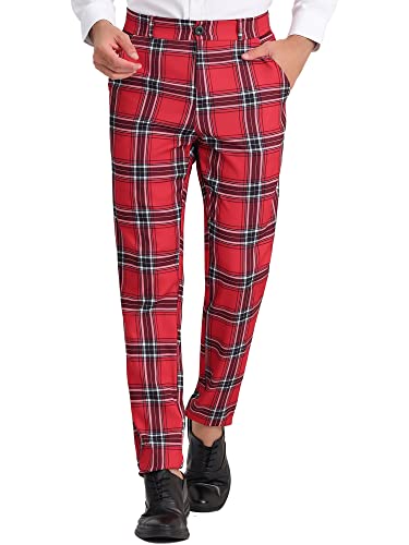 Lars Amadeus Herren Karierte Anzughose Flache Vorderseite Stretch Elastische Taille Casual Plaid Hose, rot, 50 von Lars Amadeus