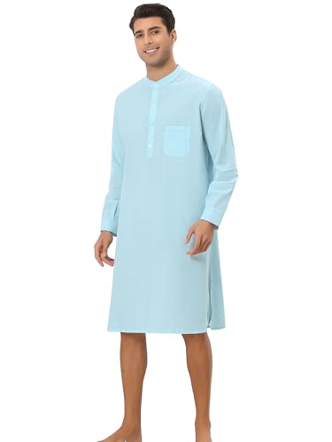 Lars Amadeus Herren Nachthemd Schlaf T-Shirt Baumwolle Banded Collar Henley Shirt Pyjamas Nachthemd Blau XL von Lars Amadeus