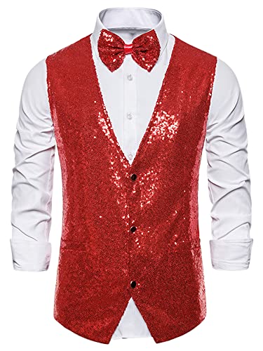 Lars Amadeus Herren Pailletten Glänzend Slim Fit Weste Ärmellos Anzugweste Set mit Fliege, Rot/Ausflug, einfarbig (Getaway Solids), Large von Lars Amadeus