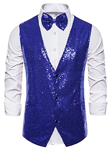 Lars Amadeus Herren Pailletten Glänzende Slim Fit Weste Ärmellos Anzug Weste Set mit Fliege, Blau, Small von Lars Amadeus