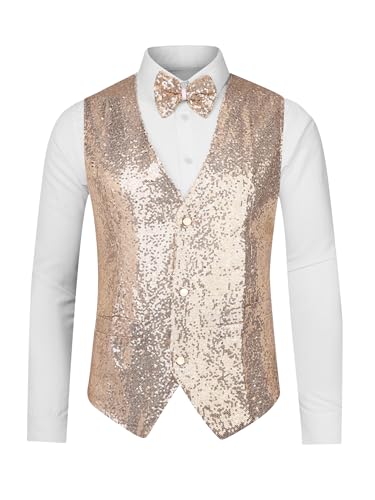 Lars Amadeus Herren Pailletten Glänzend Slim Fit Weste Ärmellos Anzugweste Set mit Fliege, Champagner, Large von Lars Amadeus