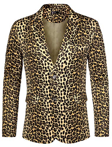 Lars Amadeus Herren Party Animal Leopard Print Blazer gekerbtes Revers Leicht Sport Mantel Anzug Jacke, Gelb, Schwarz, XL von Lars Amadeus