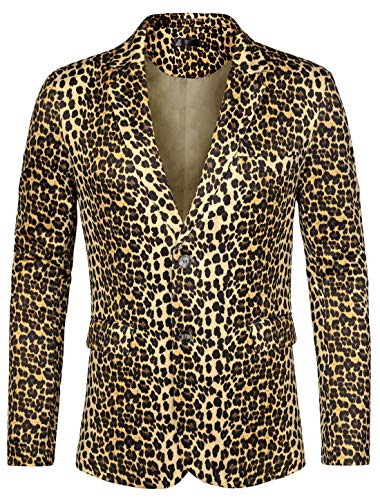 Lars Amadeus Herren Party Animal Leopard Print Blazer Gekerbtes Revers Leicht Sport Mantel Anzug Jacke, Gelb, Schwarz, XL von Lars Amadeus