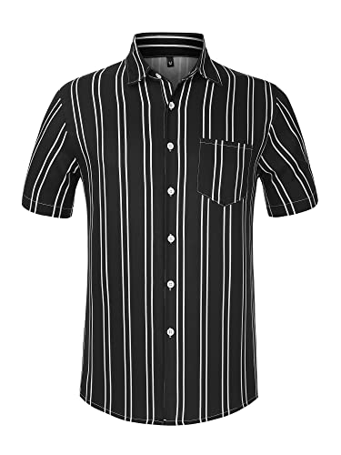 Lars Amadeus Herren Sommer Gestreifte Hemden Kurze Ärmel Button-Down Strand-Farbblock-Hemd Schwarze S von Lars Amadeus