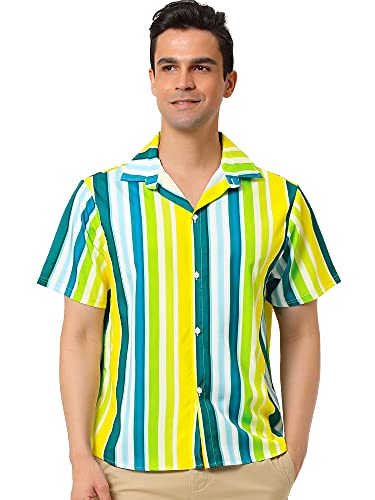 Lars Amadeus Herren Sommer Gestreiftes Hemd Kurzarm Button-Down Strand Farbblock Vertikale Streifen Hemden Yellow Green Blue L von Lars Amadeus