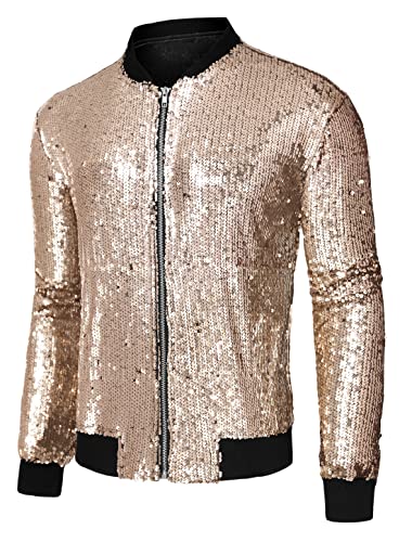 Lars Amadeus Herren Varsity Jacke Halloween Party Disco Glänzend Glitzer Pailletten Bomberjacke, Roségold, 42 von Lars Amadeus