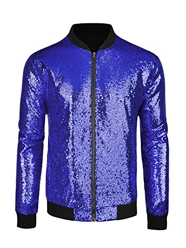 Lars Amadeus Herren Varsity Jacke Halloween Party Disco Glänzende Glitzer Pailletten Bomberjacke Blau M von Lars Amadeus