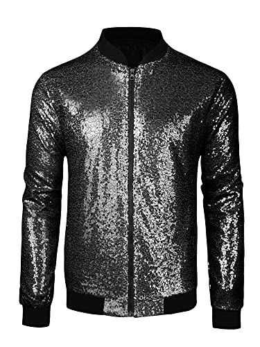 Lars Amadeus Herren Varsity Jacke Halloween Party Disco Glänzende Glitzer Pailletten Bomberjacke Schwarz L von Lars Amadeus