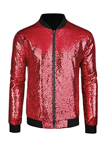 Lars Amadeus Herren Varsity Jacke Halloween Party Disco Glänzende Glitzer Pailletten Bomberjacke rot L von Lars Amadeus