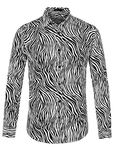 Lars Amadeus Herren Vintage Leopard Animal Print Button Down Langarm Freizeithemd, schwarz und weiß, L von Lars Amadeus