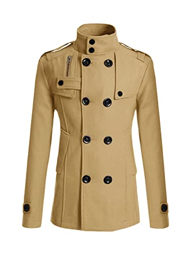 Lars Amadeus Herren Winter Trenchcoat Stehkragen Zweireiher Kerbe Revers Erbsenmäntel, Khaki, S von Lars Amadeus