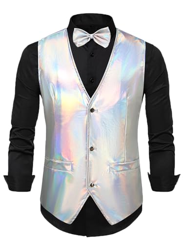 Lars Amadeus Holografische Weste für Herren V-Ausschnitt Slim Fit Glänzend Disco Party Ärmellos Weste Fliege, silber, XX-Large von Lars Amadeus