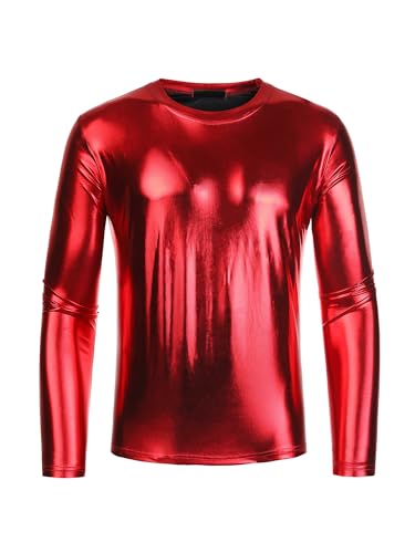 Lars Amadeus Metallic-T-Shirt für Herren, Rundhalsausschnitt, Lange Ärmel, glänzendes Disco-T-Shirt rot S von Lars Amadeus