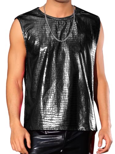 Lars Amadeus Metallic Tanktop für Herren Krokodilmuster Ärmellos Disco Glänzend Weste, Schwarz, XX-Large von Lars Amadeus