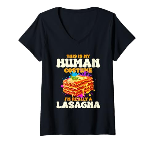 Damen This Is My Human Kostüm Lasagne T-Shirt mit V-Ausschnitt Damen This Is My Human Kostüm Lasagne T-Shirt mit V-Ausschnitt von Lasagna Italian Food