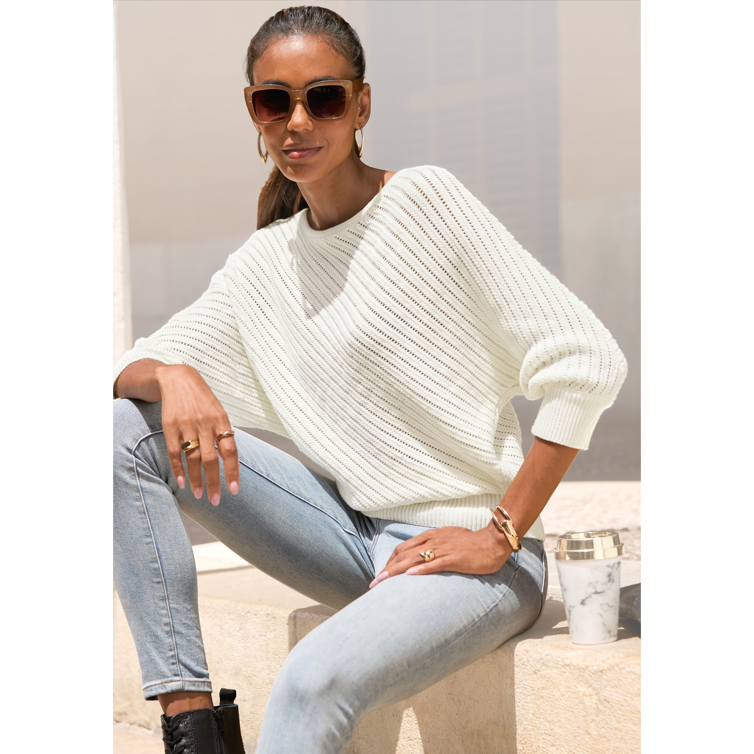 LASCANA 3/4 Arm-Pullover Damen creme Gr.36/38 von Lascana